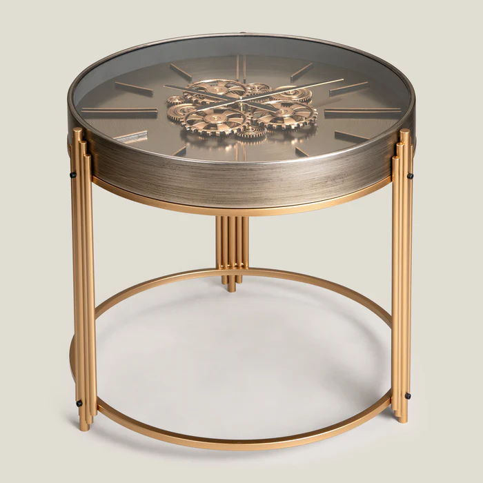 Chronoluxe Grey & Gold Metal Clock Table