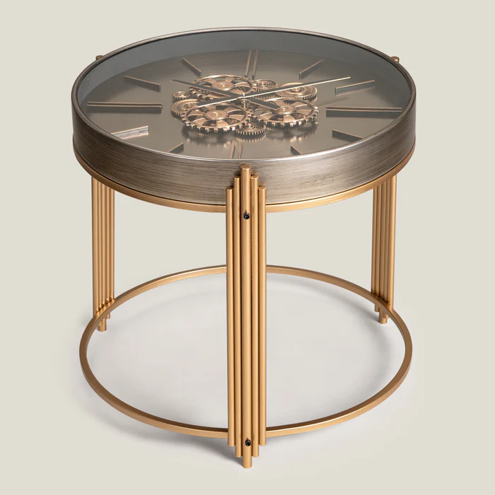 Chronoluxe Grey & Gold Metal Clock Table - Image 3