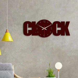 Clock Text Shape Brown Wood MDF Wall Clock