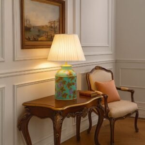 Grape Vine Blue Metal Table Lamp - Off White Pleated Lamp shade