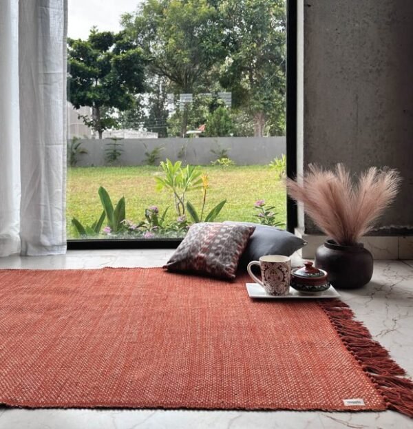 Handwoven Cotton Rug – Rust Orange