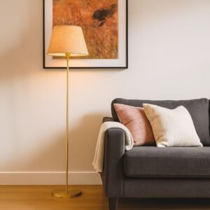 Stilo Linear Gold Floor Lamp with Barrel Shade - Beige