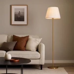 Stilo Linear Gold Floor Lamp with Pleated Empire Shade - White